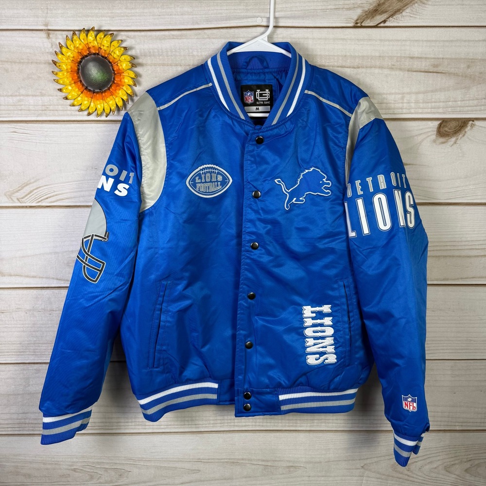 Detroit Lions NFL Ultra Game Royal Blue Satin Bomber Jacket Men's Size Medium